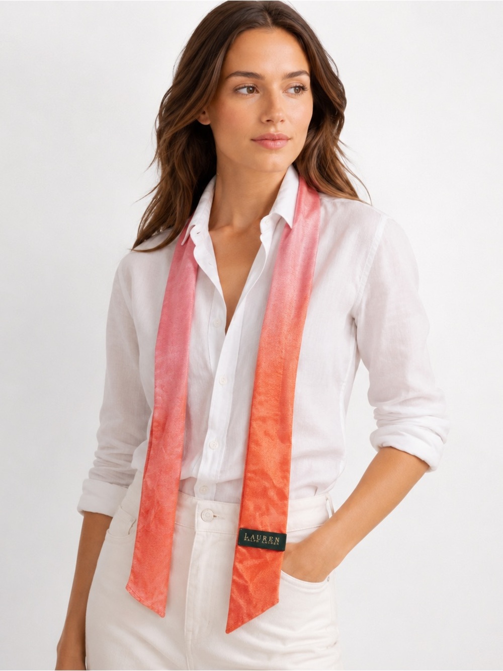 Lauren Ralph Lauren Pink Orange Ombre Rayon Ruffle Skinny Scarf